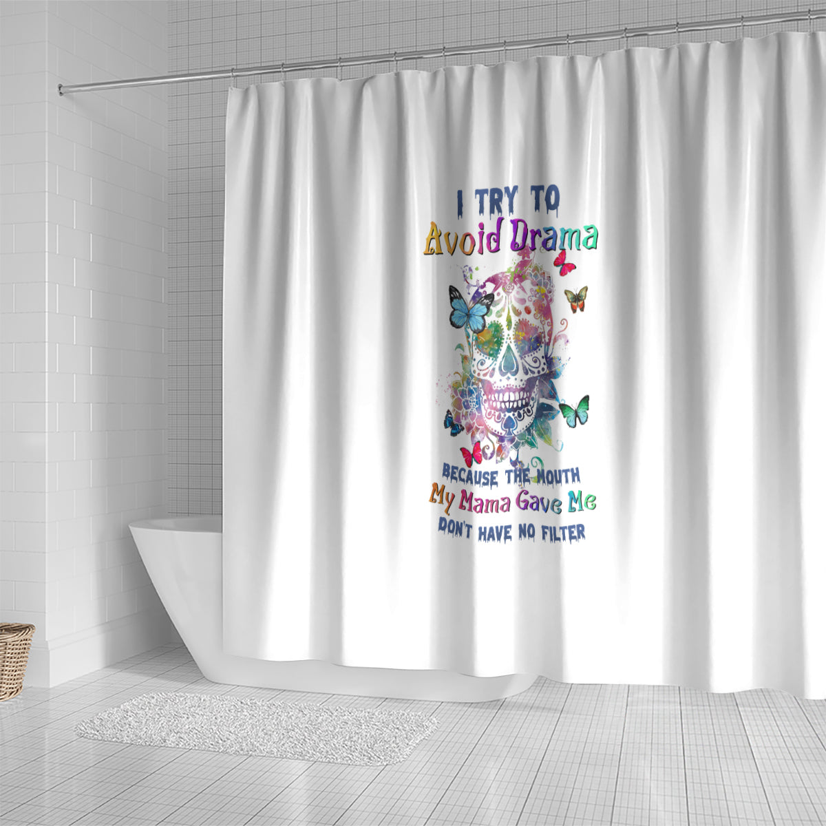 i-try-to-avoid-drama-sugar-skull-colorful-shower-curtain