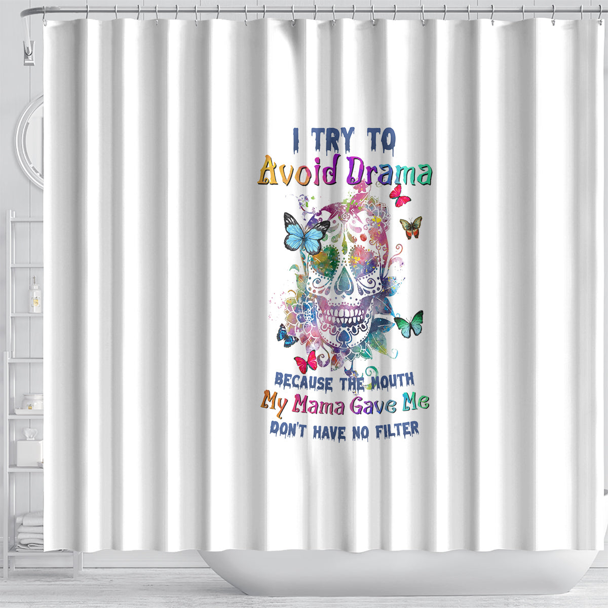i-try-to-avoid-drama-sugar-skull-colorful-shower-curtain