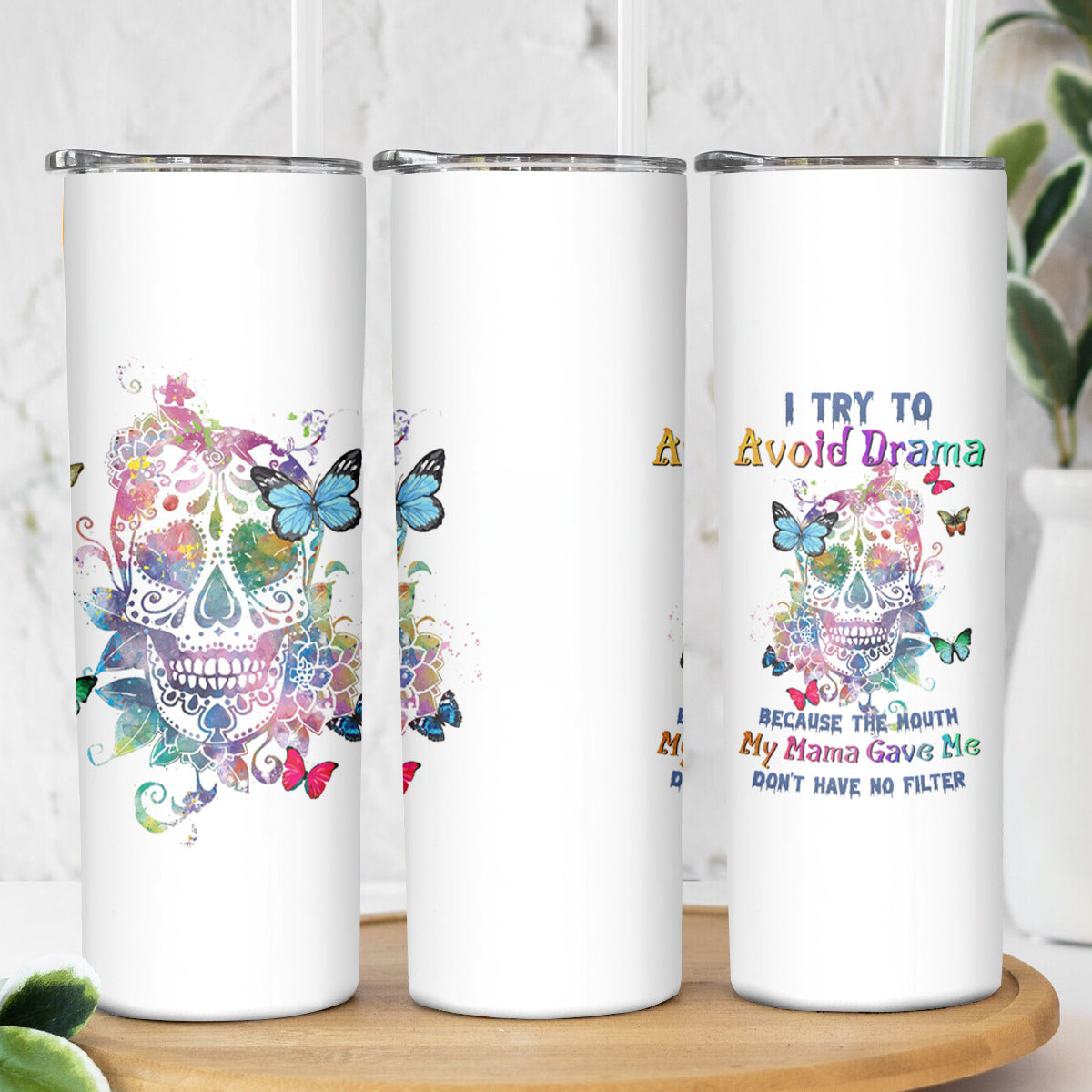 I Try To Avoid Drama Sugar Skull Colorful Skinny Tumbler - Wonder Print Shop