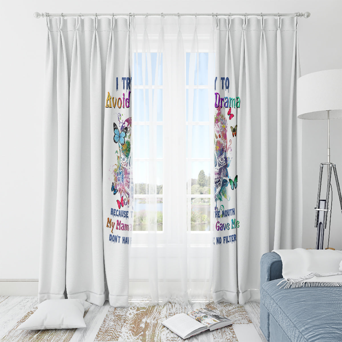 I Try To Avoid Drama Sugar Skull Colorful Window Curtain - Wonder Print Shop