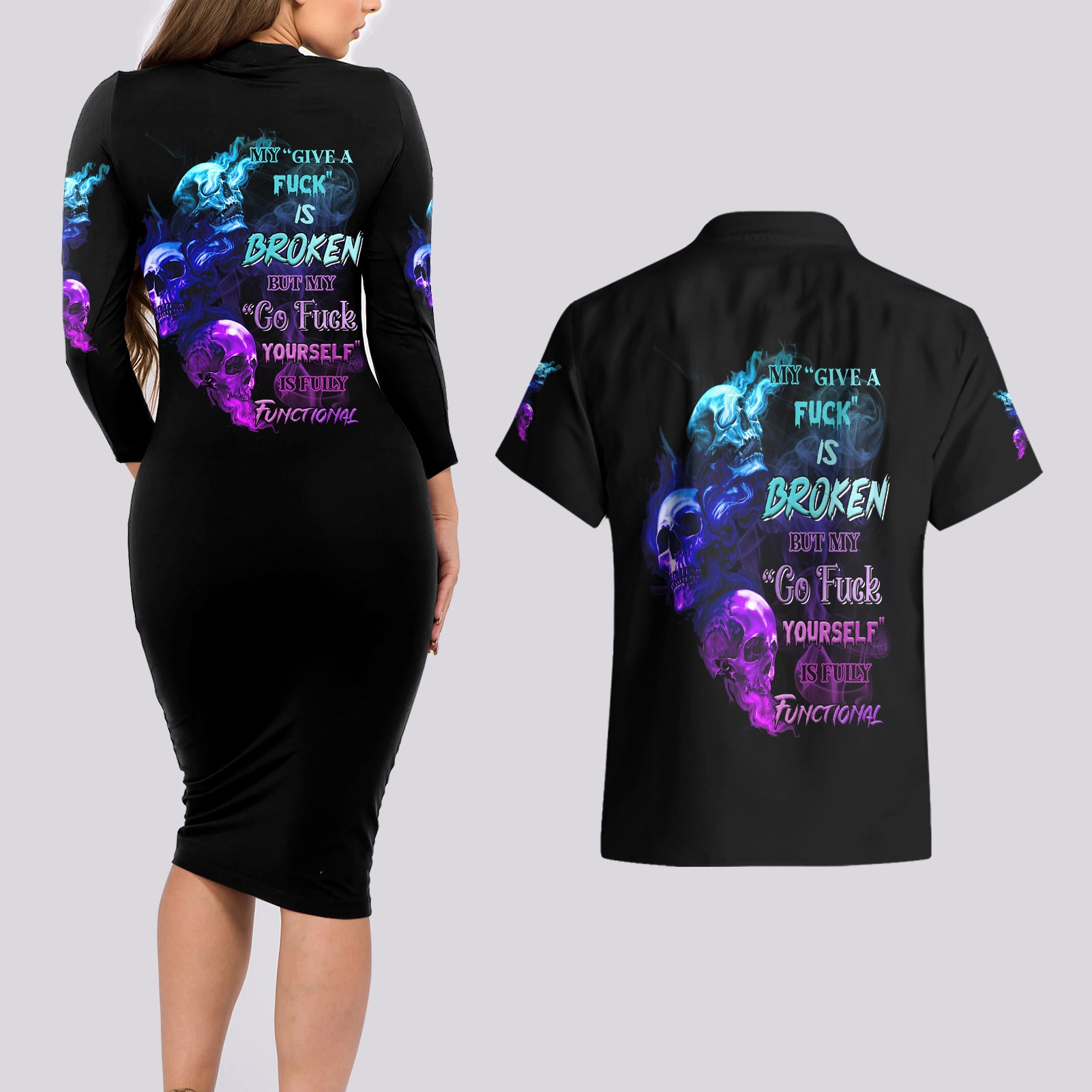 My Give A F Is Broken All Couples Matching Long Sleeve Bodycon Dress and Hawaiian Shirt - Wonder Print Shop