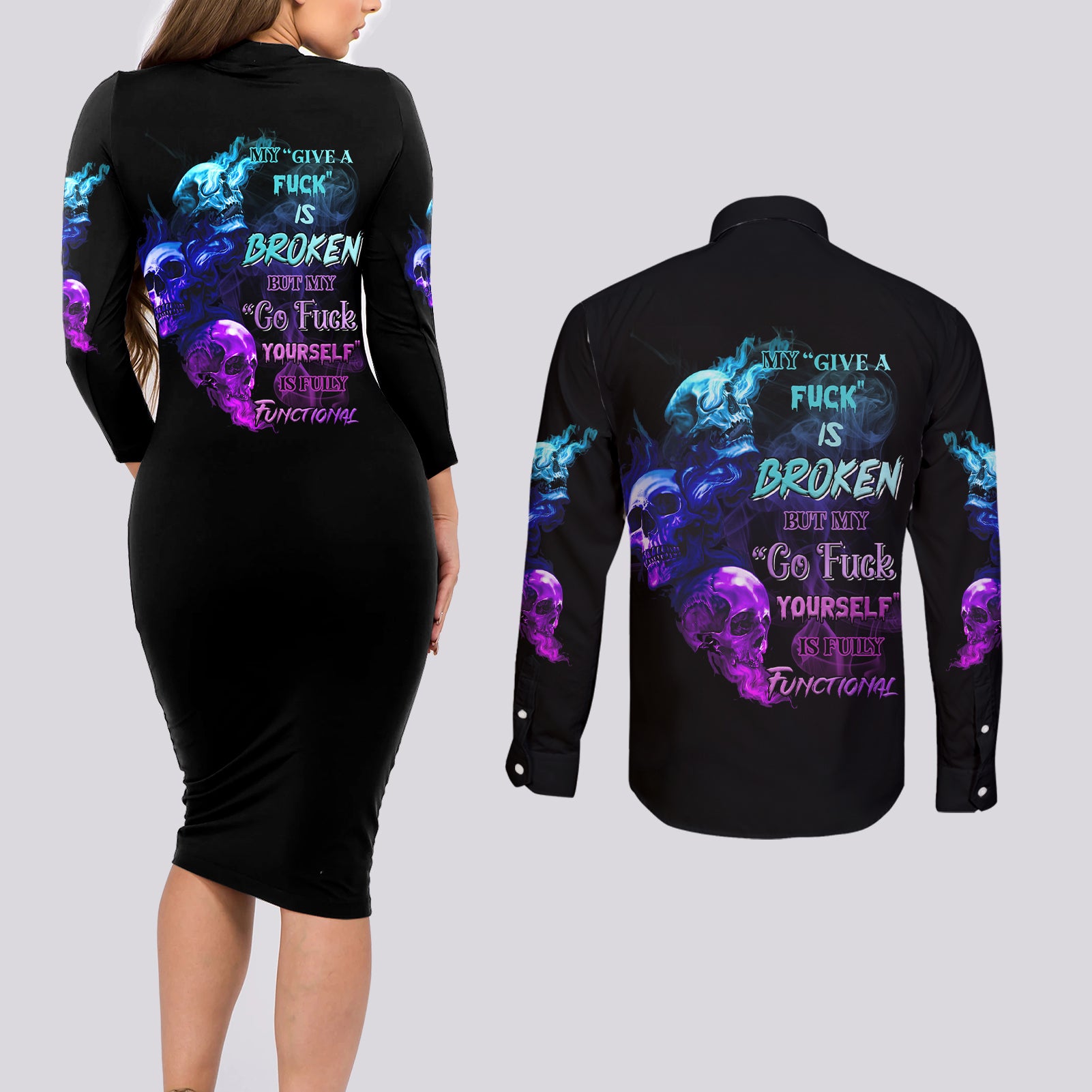 My Give A F Is Broken All Couples Matching Long Sleeve Bodycon Dress and Long Sleeve Button Shirt - Wonder Print Shop