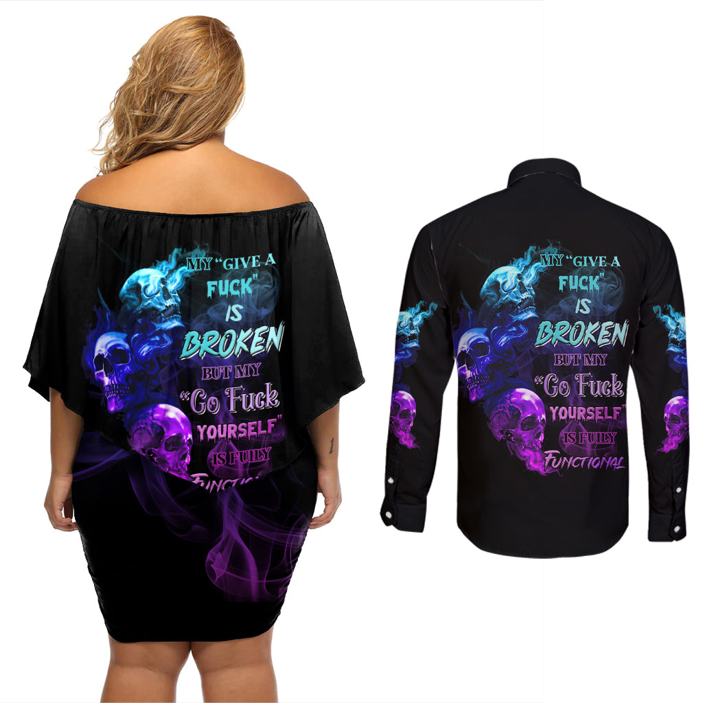 My Give A F Is Broken All Couples Matching Off Shoulder Short Dress and Long Sleeve Button Shirt - Wonder Print Shop