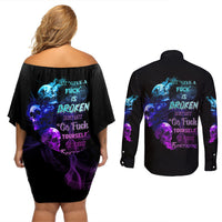My Give A F Is Broken All Couples Matching Off Shoulder Short Dress and Long Sleeve Button Shirt - Wonder Print Shop