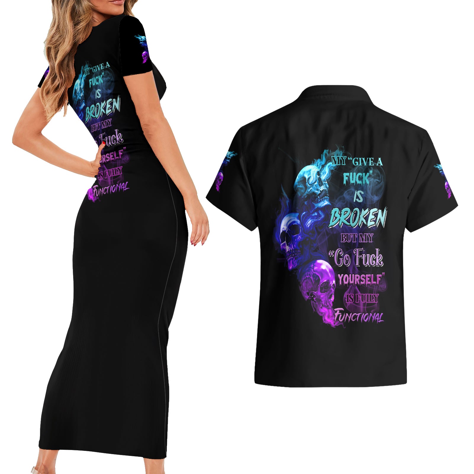 My Give A F Is Broken All Couples Matching Short Sleeve Bodycon Dress and Hawaiian Shirt - Wonder Print Shop