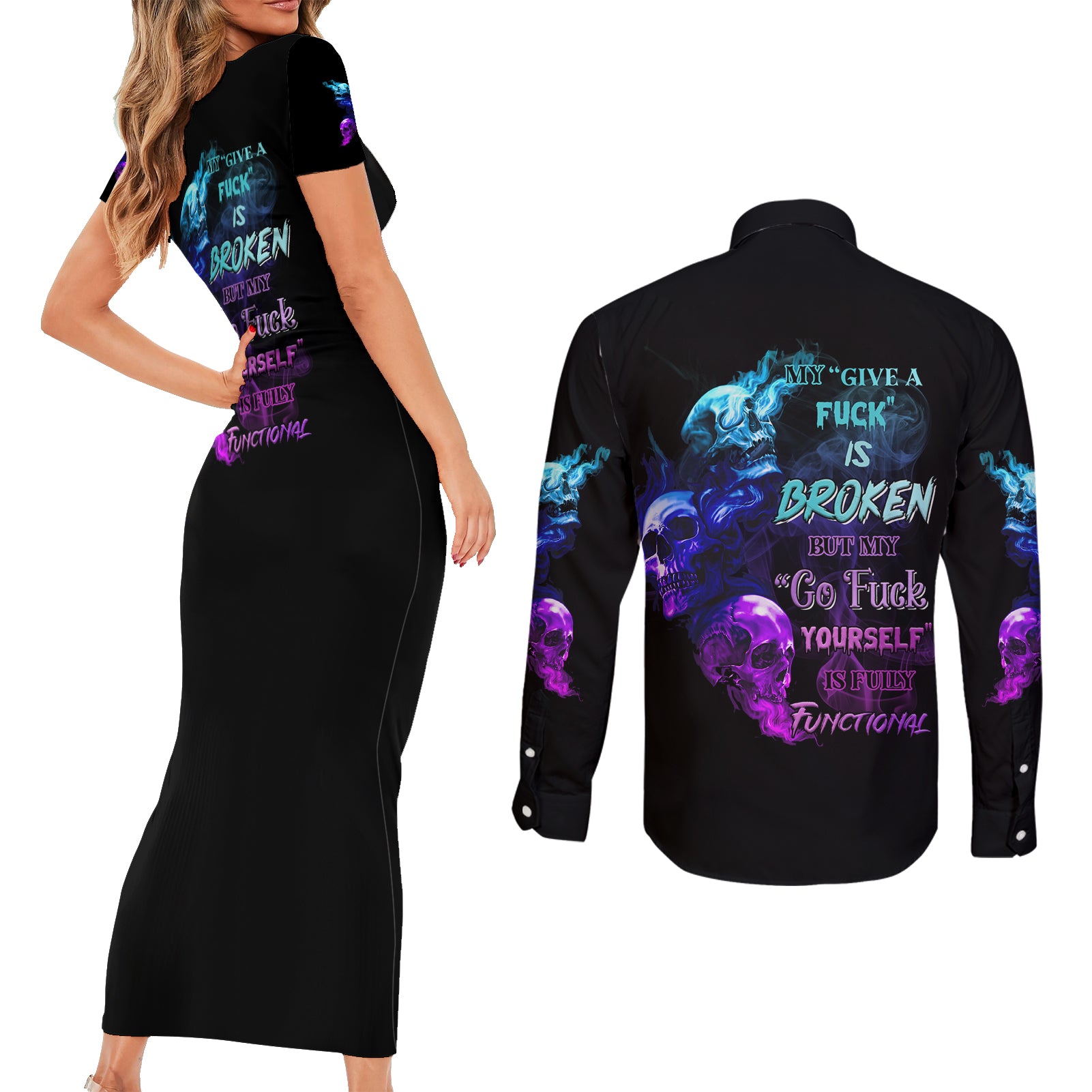 My Give A F Is Broken All Couples Matching Short Sleeve Bodycon Dress and Long Sleeve Button Shirt - Wonder Print Shop