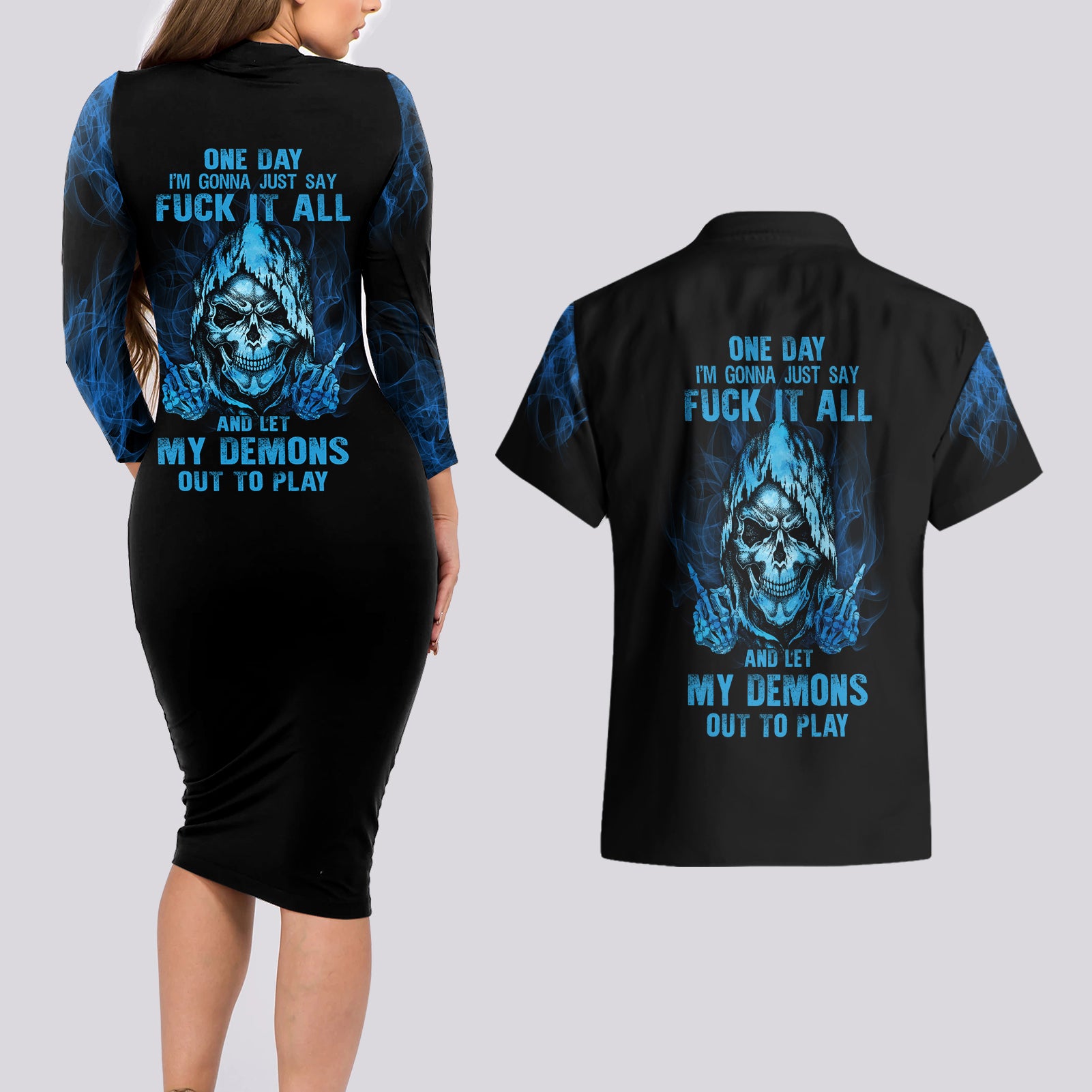 My Demons Out To Play Skull Couples Matching Long Sleeve Bodycon Dress and Hawaiian Shirt - Wonder Print Shop