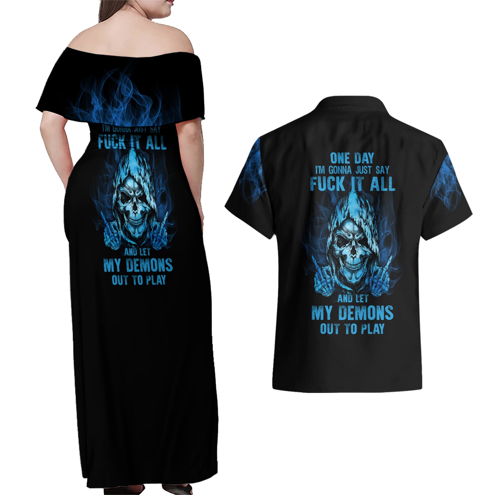 My Demons Out To Play Skull Couples Matching Off Shoulder Maxi Dress and Hawaiian Shirt - Wonder Print Shop