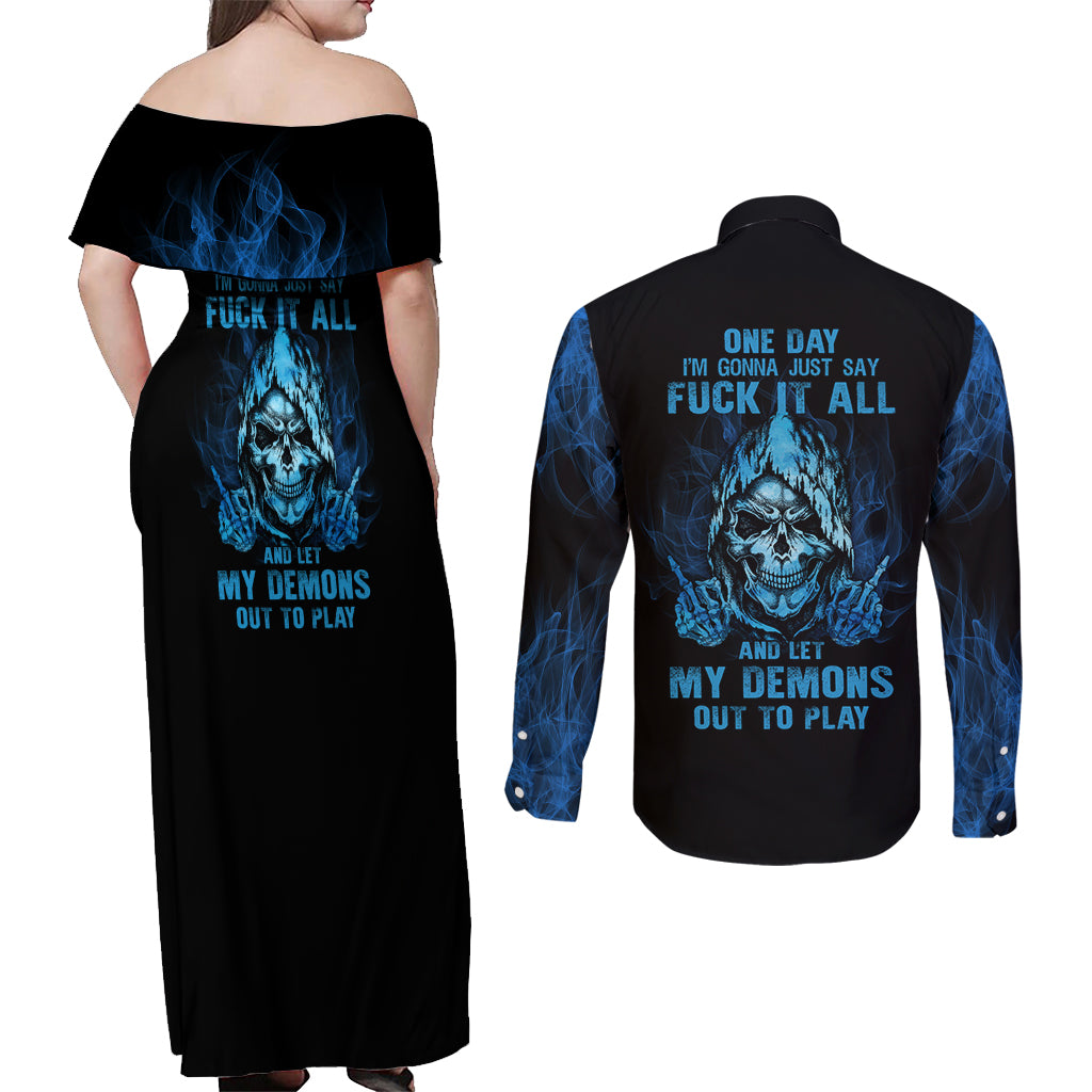 My Demons Out To Play Skull Couples Matching Off Shoulder Maxi Dress and Long Sleeve Button Shirt - Wonder Print Shop