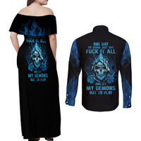 My Demons Out To Play Skull Couples Matching Off Shoulder Maxi Dress and Long Sleeve Button Shirt - Wonder Print Shop