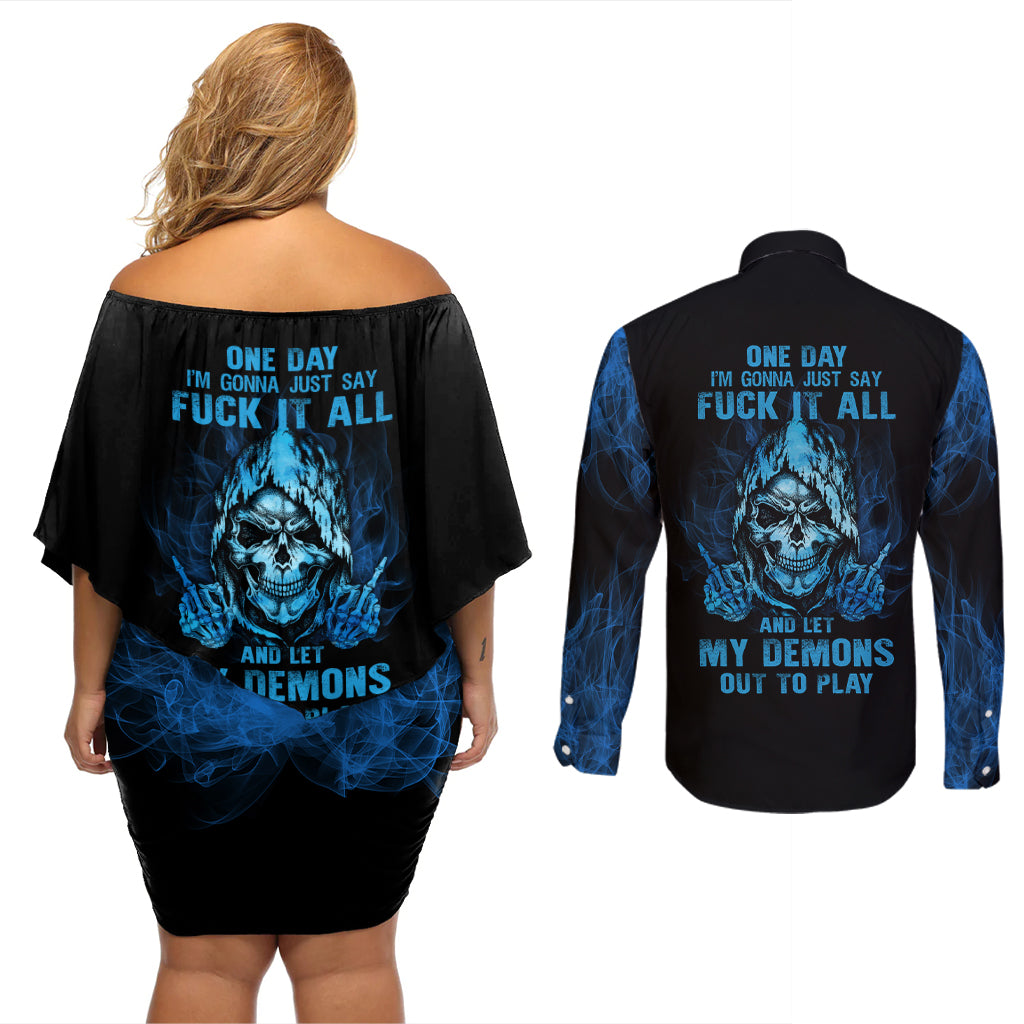 My Demons Out To Play Skull Couples Matching Off Shoulder Short Dress and Long Sleeve Button Shirt - Wonder Print Shop