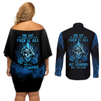 My Demons Out To Play Skull Couples Matching Off Shoulder Short Dress and Long Sleeve Button Shirt - Wonder Print Shop