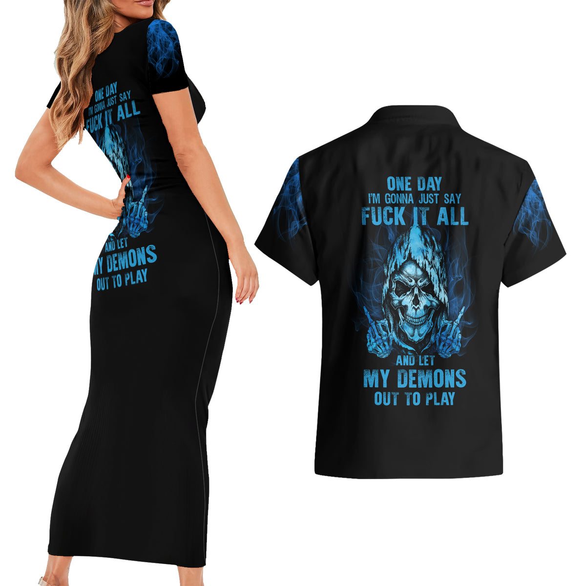My Demons Out To Play Skull Couples Matching Short Sleeve Bodycon Dress and Hawaiian Shirt - Wonder Print Shop