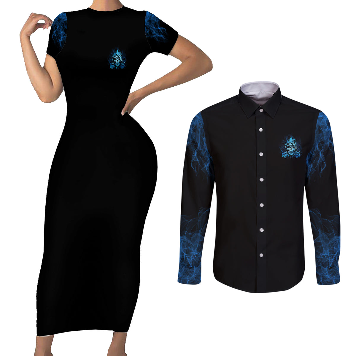 My Demons Out To Play Skull Couples Matching Short Sleeve Bodycon Dress and Long Sleeve Button Shirt - Wonder Print Shop