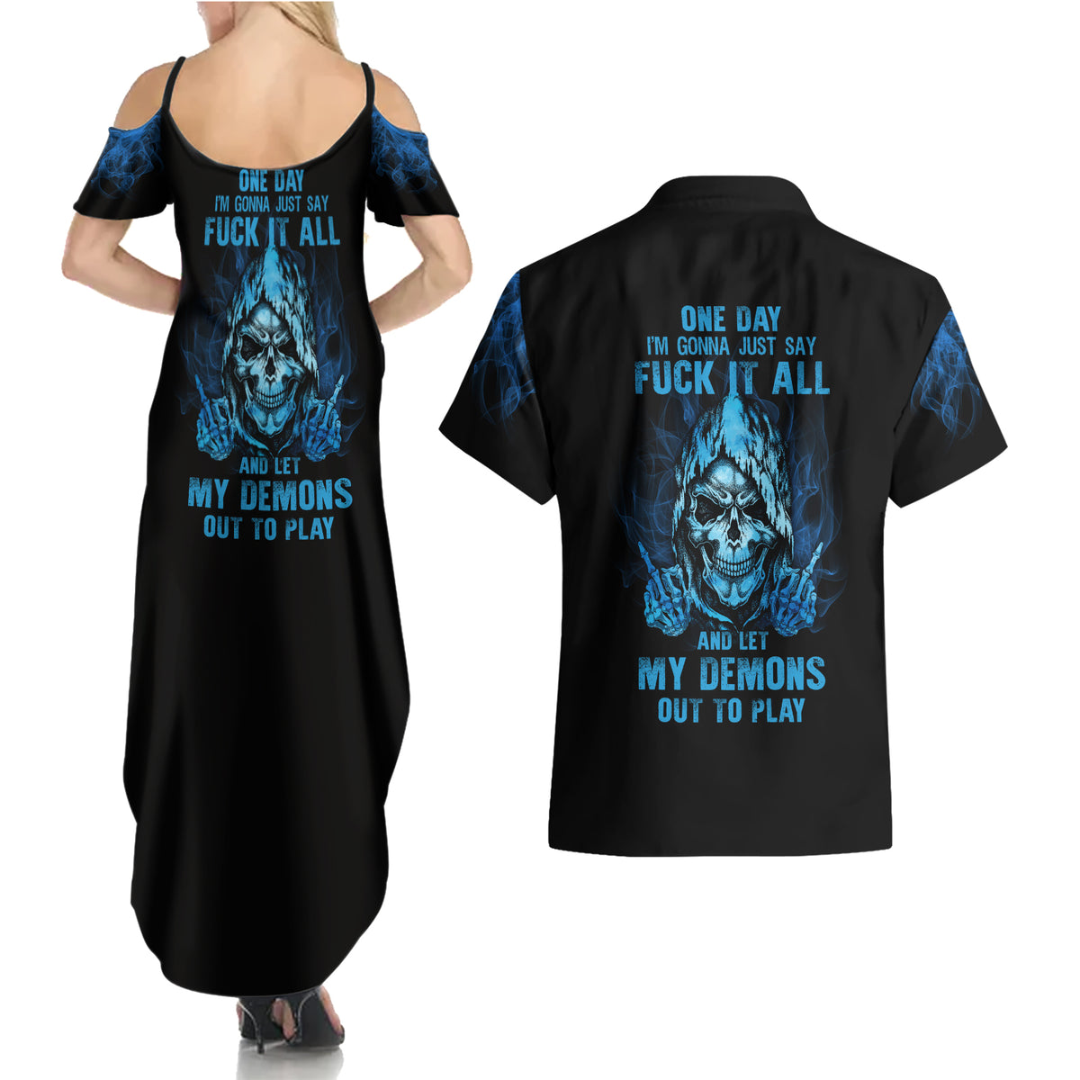 My Demons Out To Play Skull Couples Matching Summer Maxi Dress and Hawaiian Shirt - Wonder Print Shop