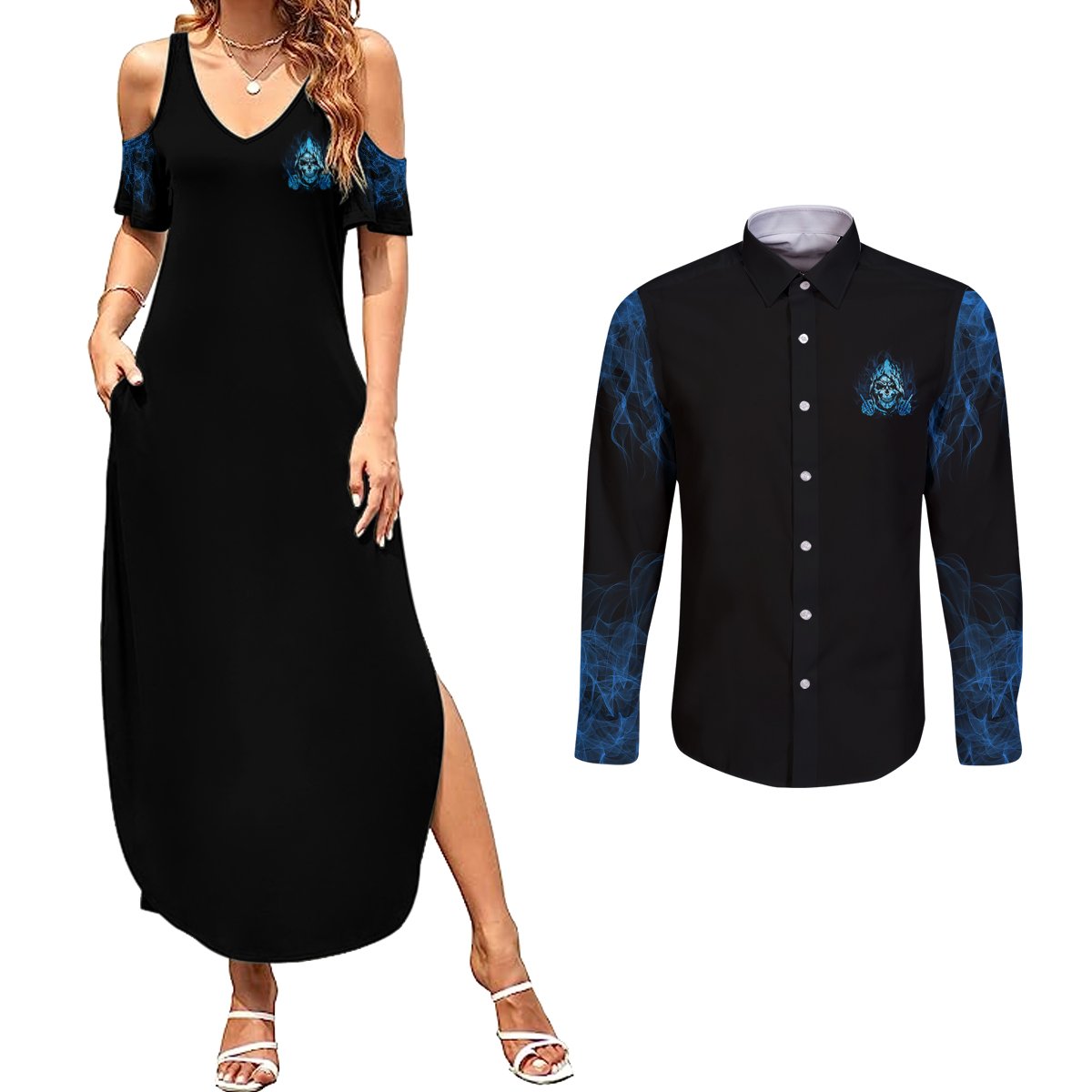 My Demons Out To Play Skull Couples Matching Summer Maxi Dress and Long Sleeve Button Shirt - Wonder Print Shop