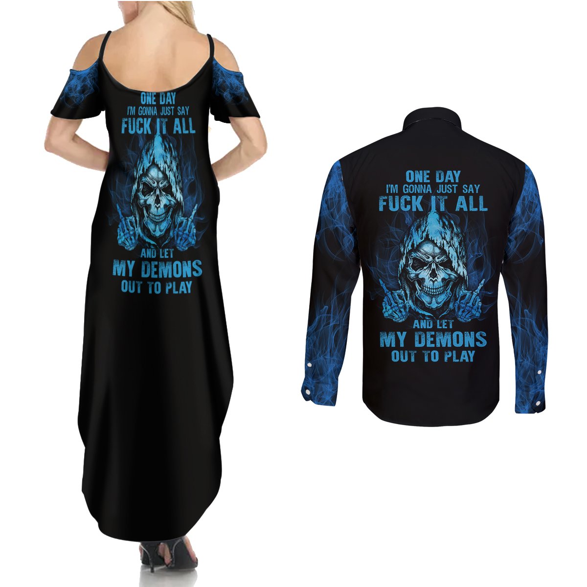 My Demons Out To Play Skull Couples Matching Summer Maxi Dress and Long Sleeve Button Shirt - Wonder Print Shop