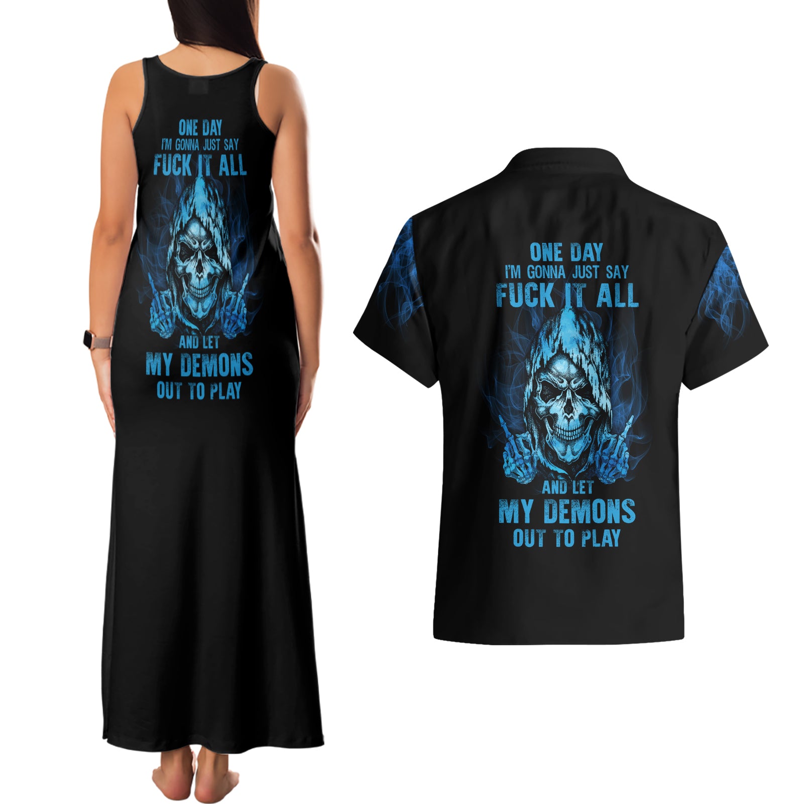 My Demons Out To Play Skull Couples Matching Tank Maxi Dress and Hawaiian Shirt - Wonder Print Shop