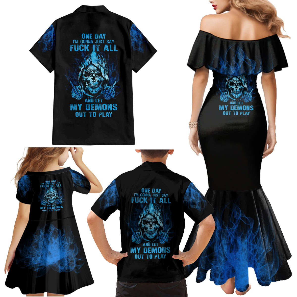 My Demons Out To Play Skull Family Matching Mermaid Dress and Hawaiian Shirt - Wonder Print Shop