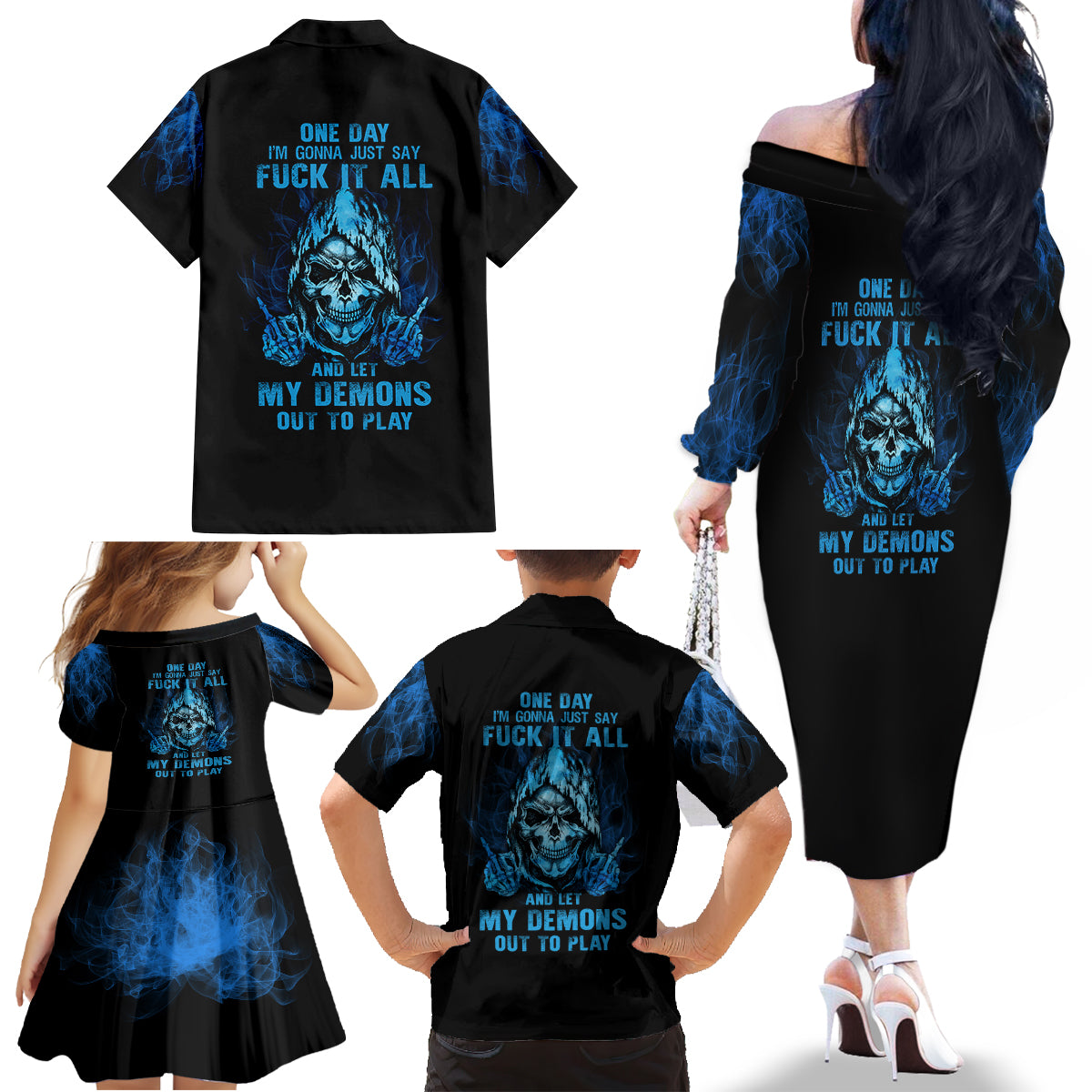 My Demons Out To Play Skull Family Matching Off Shoulder Long Sleeve Dress and Hawaiian Shirt - Wonder Print Shop