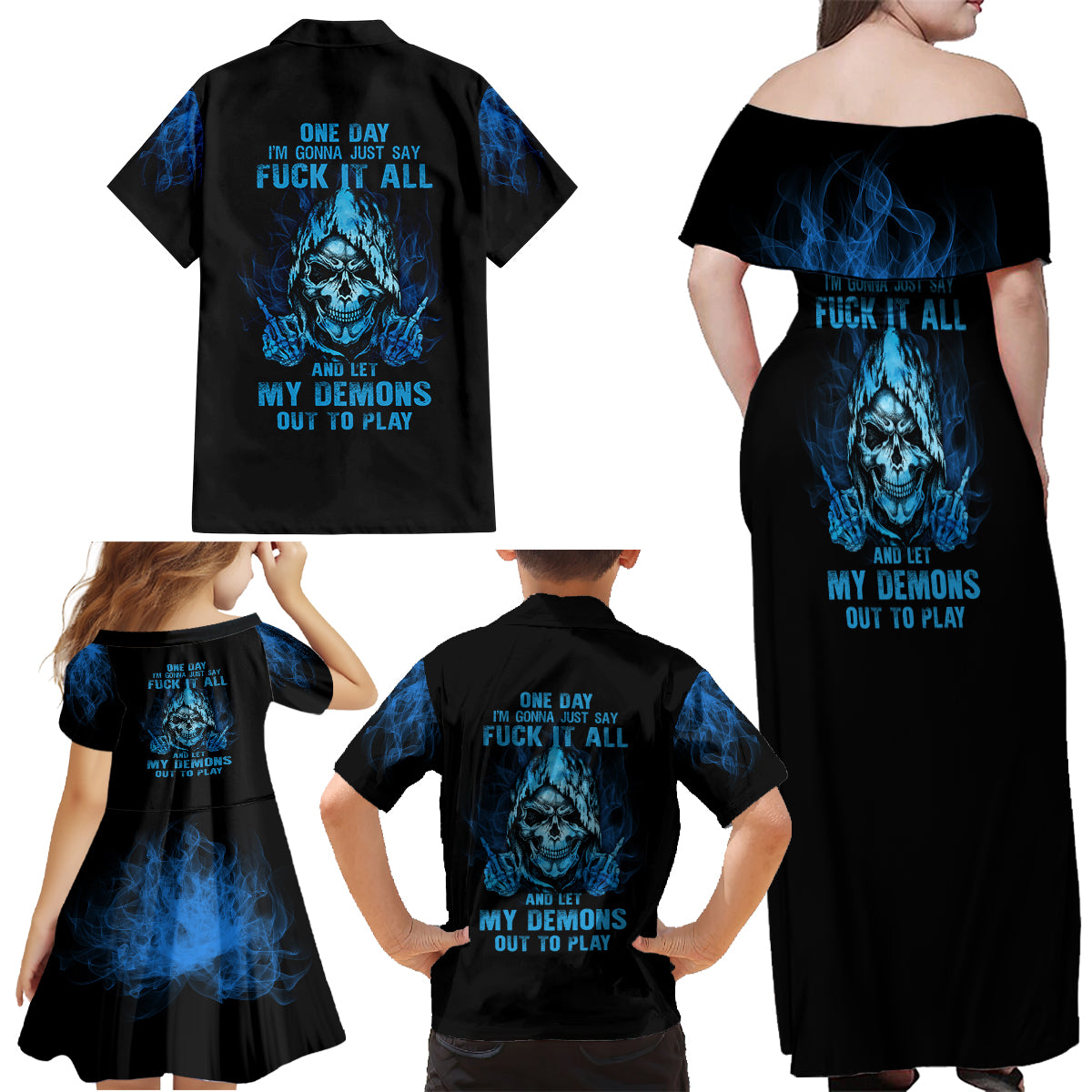 My Demons Out To Play Skull Family Matching Off Shoulder Maxi Dress and Hawaiian Shirt - Wonder Print Shop
