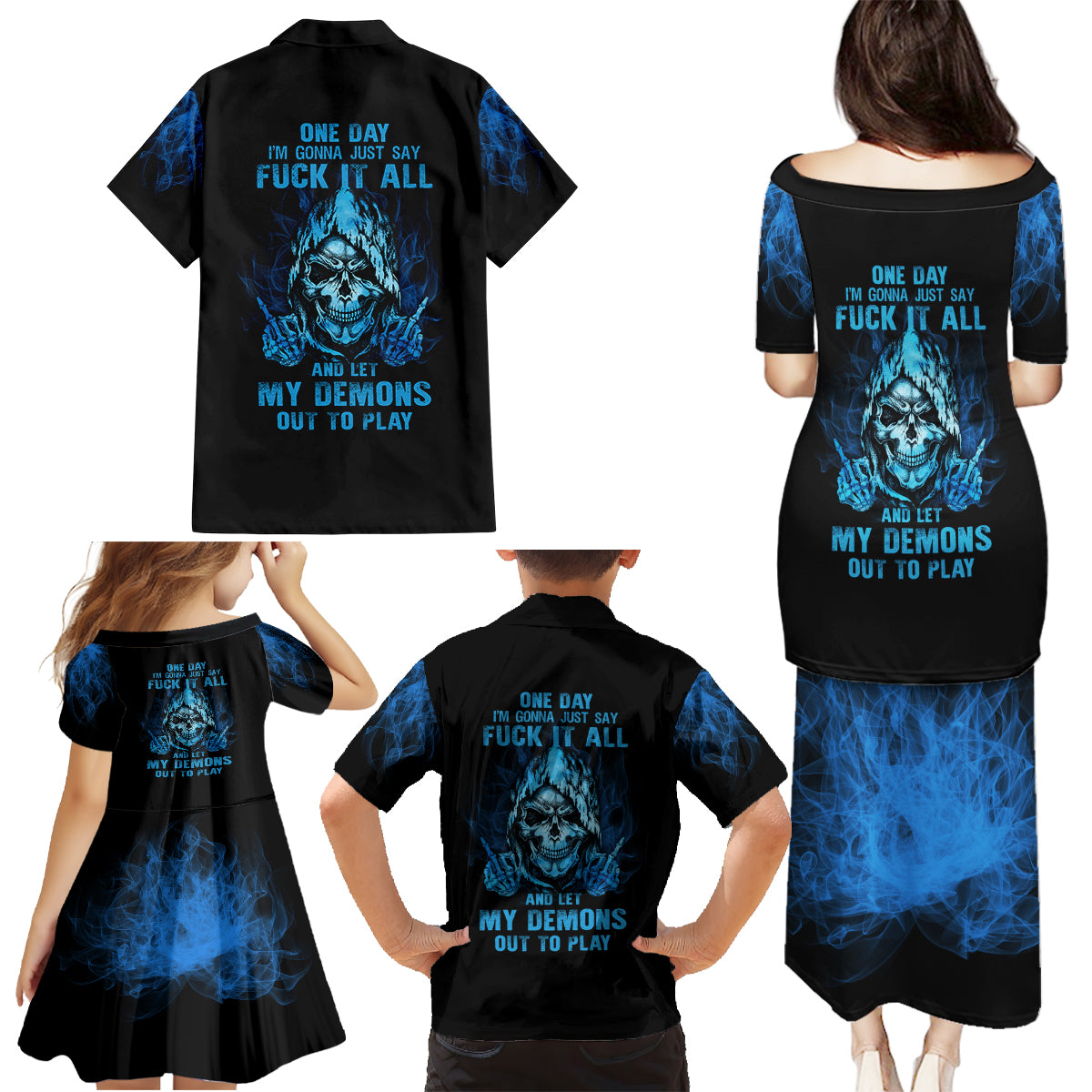 My Demons Out To Play Skull Family Matching Puletasi Dress and Hawaiian Shirt - Wonder Print Shop