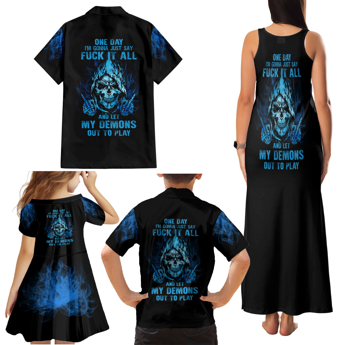 My Demons Out To Play Skull Family Matching Tank Maxi Dress and Hawaiian Shirt - Wonder Print Shop