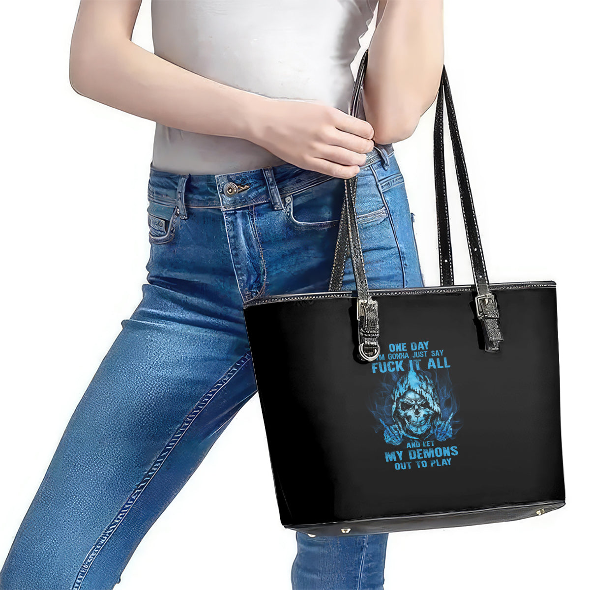 My Demons Out To Play Skull Leather Tote Bag - Wonder Print Shop