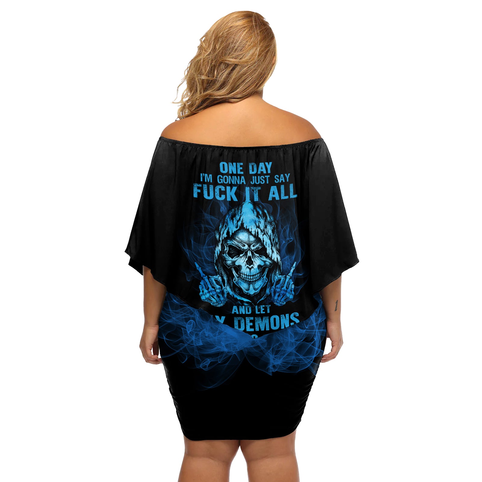 My Demons Out To Play Skull Off Shoulder Short Dress - Wonder Print Shop