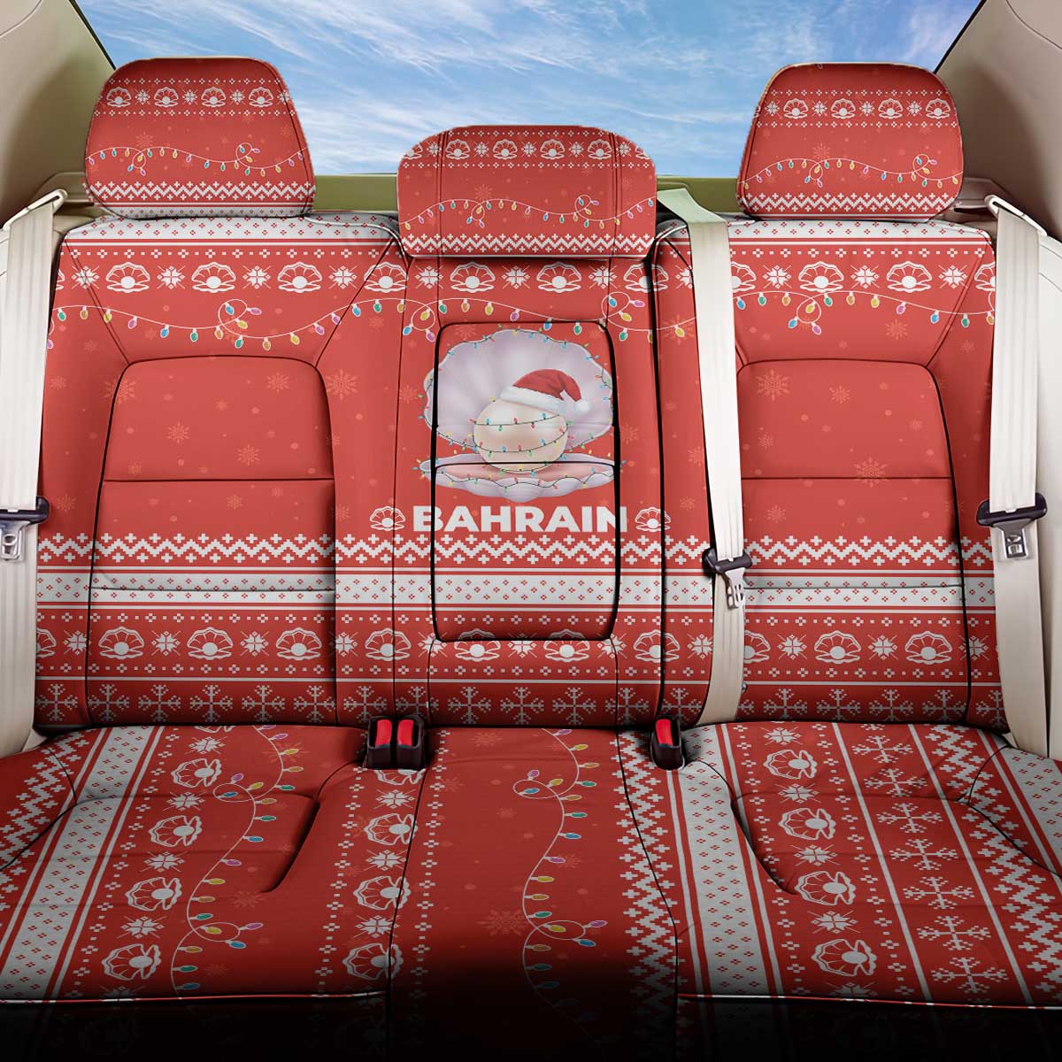 Bahrain Christmas Back Car Seat Cover with Pearl Shell Design Red Snowflake Pattern and Holiday Lights - Wonder Print Shop