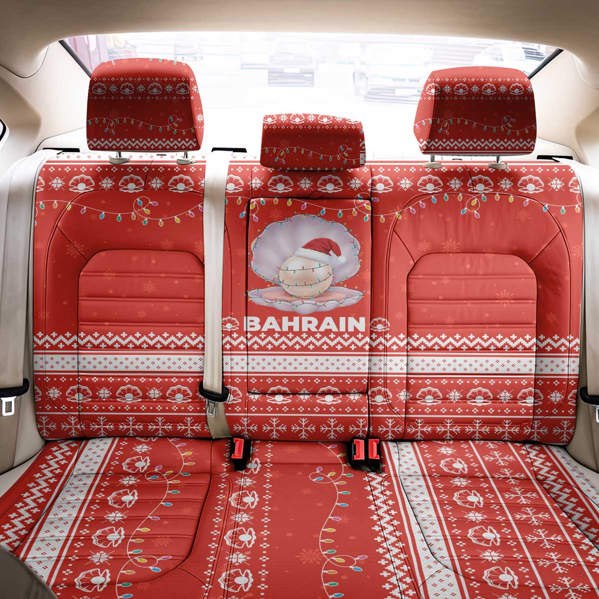 Bahrain Christmas Back Car Seat Cover with Pearl Shell Design Red Snowflake Pattern and Holiday Lights - Wonder Print Shop