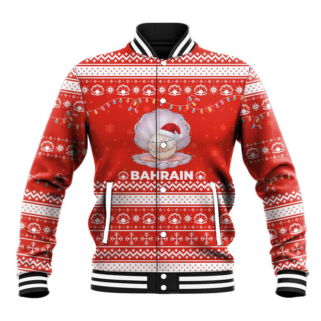 Bahrain Christmas Baseball Jacket with Pearl Shell Design Red Snowflake Pattern and Holiday Lights - Wonder Print Shop
