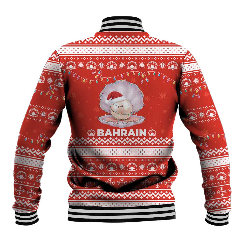 Bahrain Christmas Baseball Jacket with Pearl Shell Design Red Snowflake Pattern and Holiday Lights - Wonder Print Shop