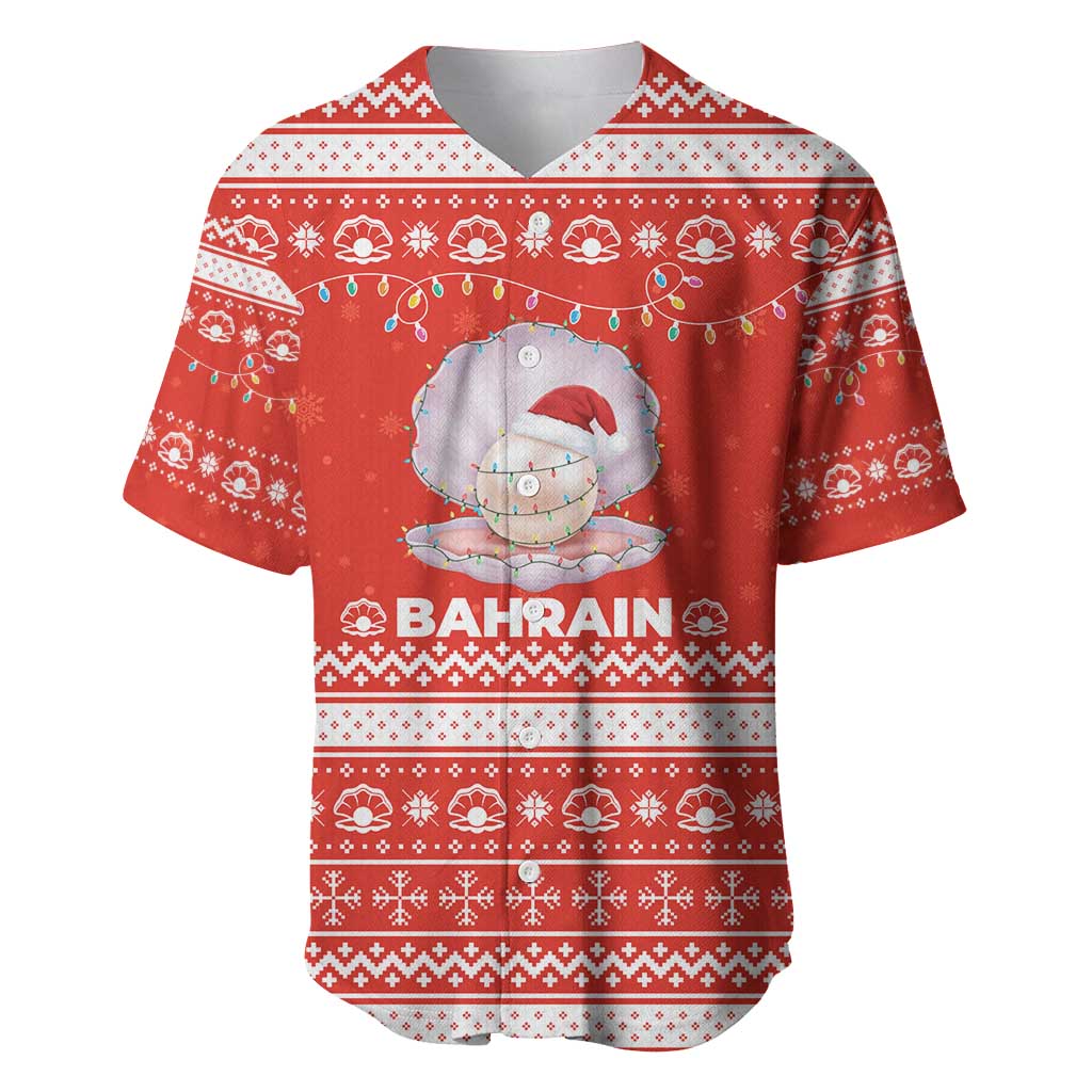 Bahrain Christmas Baseball Jersey with Pearl Shell Design Red Snowflake Pattern and Holiday Lights - Wonder Print Shop