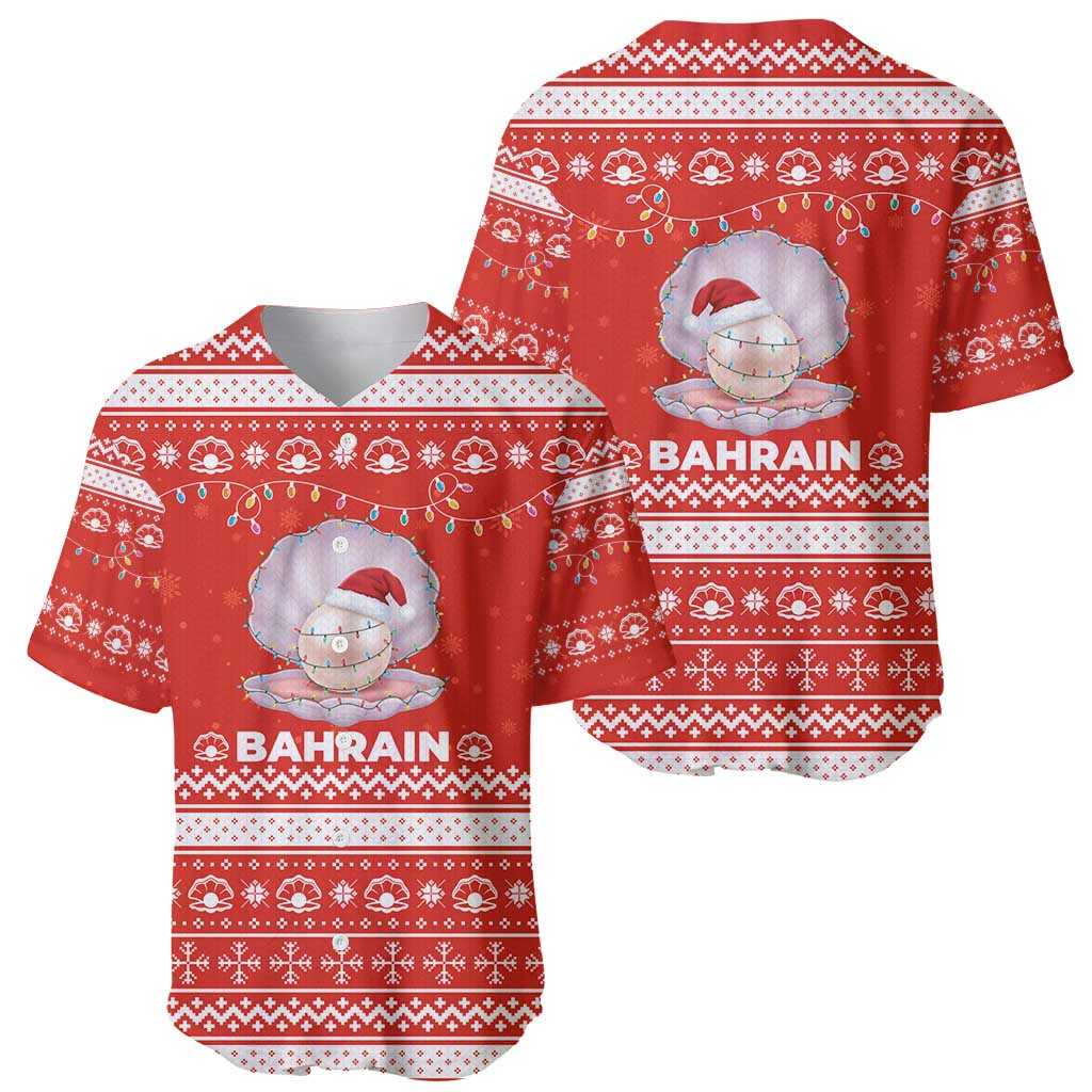 Bahrain Christmas Baseball Jersey with Pearl Shell Design Red Snowflake Pattern and Holiday Lights - Wonder Print Shop