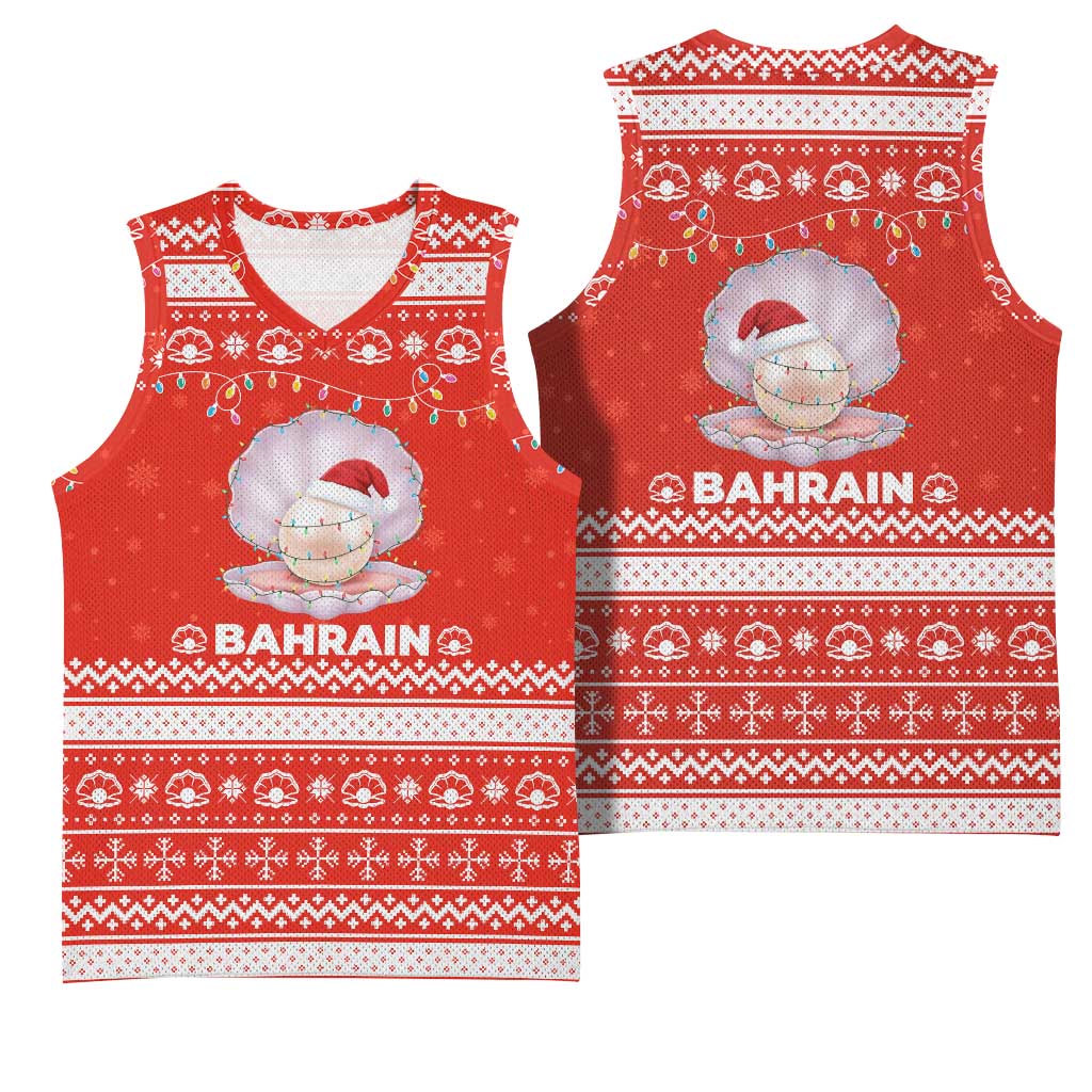 Bahrain Christmas Basketball Jersey with Pearl Shell Design Red Snowflake Pattern and Holiday Lights - Wonder Print Shop