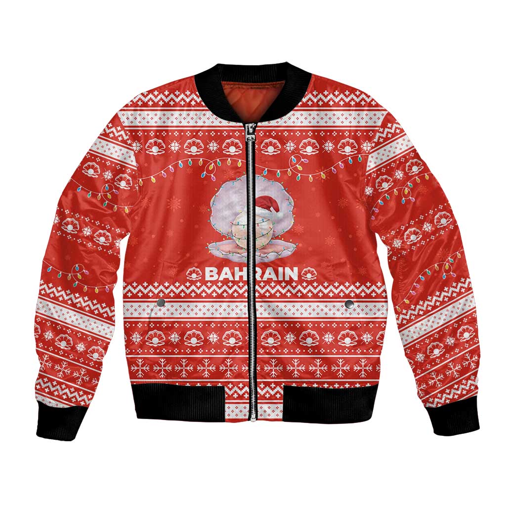 Bahrain Christmas Bomber Jacket with Pearl Shell Design Red Snowflake Pattern and Holiday Lights - Wonder Print Shop