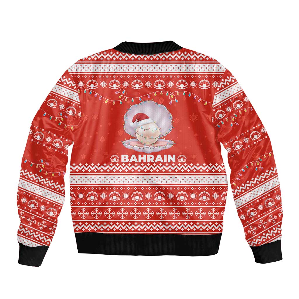 Bahrain Christmas Bomber Jacket with Pearl Shell Design Red Snowflake Pattern and Holiday Lights - Wonder Print Shop