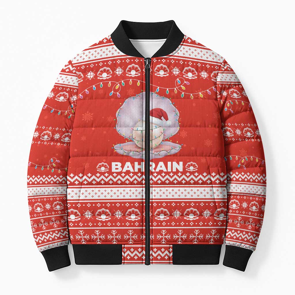 Bahrain Christmas Bomber Puffer Jacket with Pearl Shell Design Red Snowflake Pattern and Holiday Lights - Wonder Print Shop