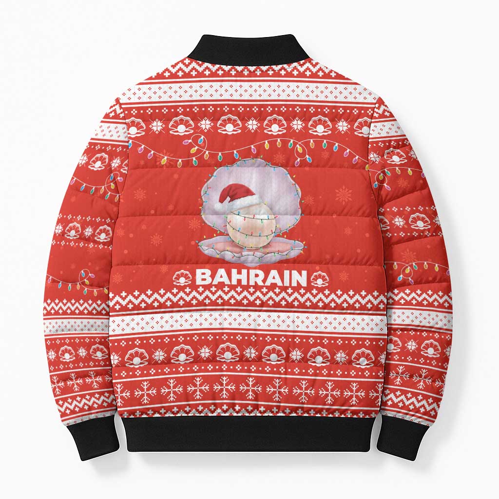 Bahrain Christmas Bomber Puffer Jacket with Pearl Shell Design Red Snowflake Pattern and Holiday Lights - Wonder Print Shop