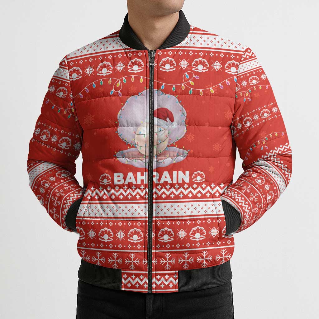 Bahrain Christmas Bomber Puffer Jacket with Pearl Shell Design Red Snowflake Pattern and Holiday Lights - Wonder Print Shop