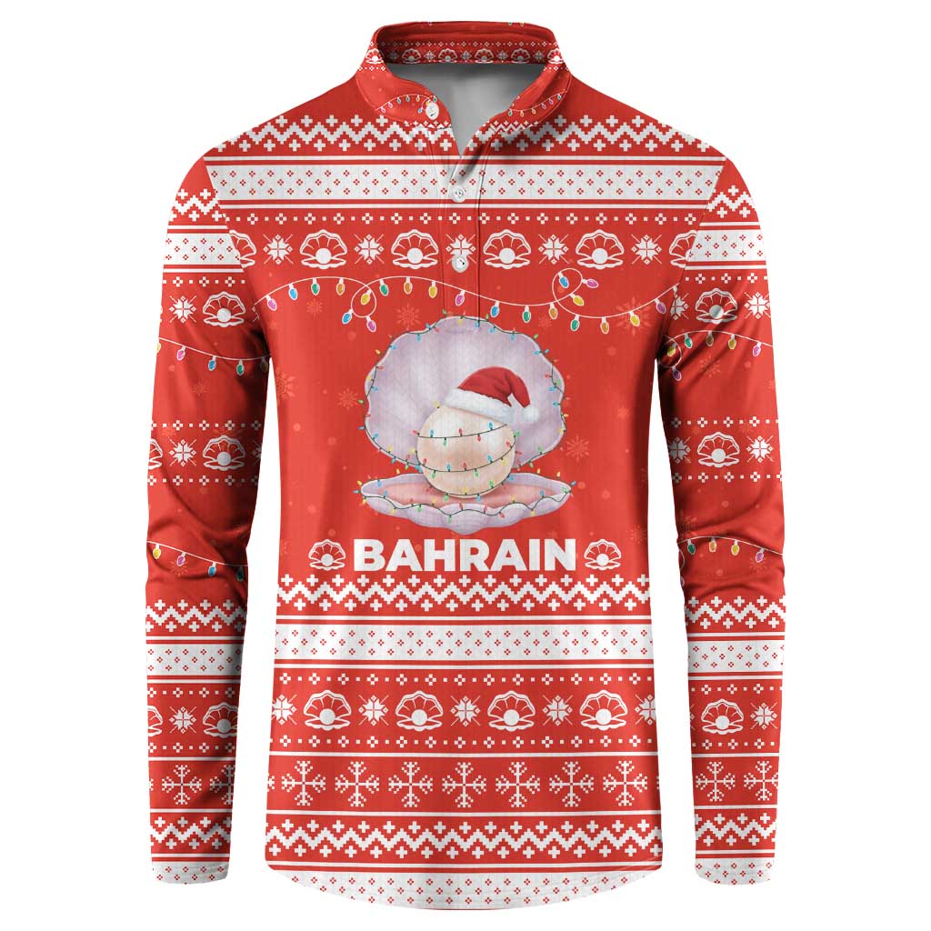 Bahrain Christmas Button Sweatshirt with Pearl Shell Design Red Snowflake Pattern and Holiday Lights - Wonder Print Shop