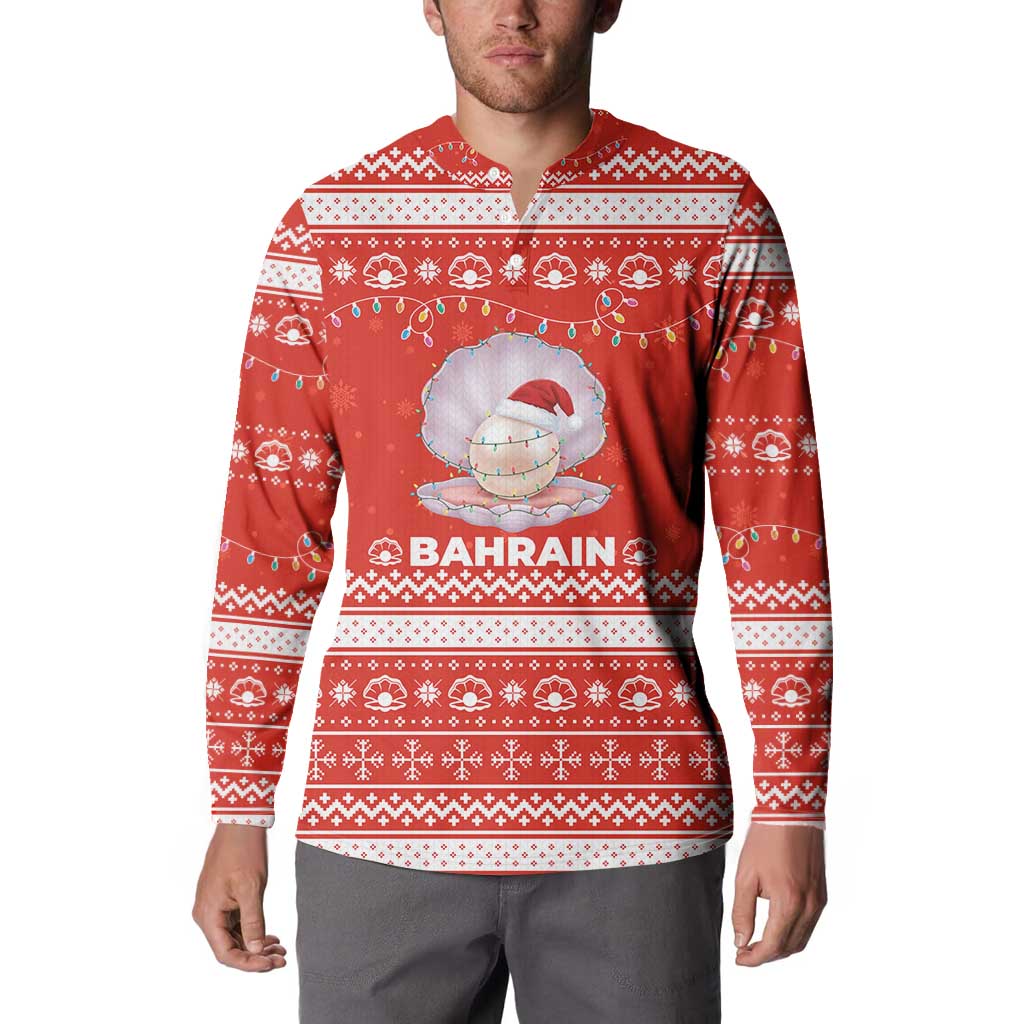 Bahrain Christmas Button Sweatshirt with Pearl Shell Design Red Snowflake Pattern and Holiday Lights - Wonder Print Shop