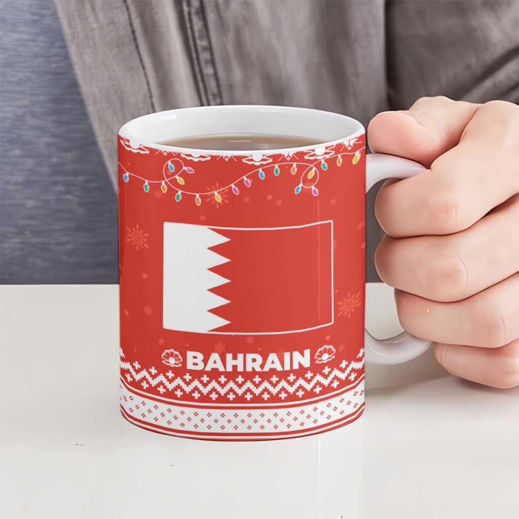 Bahrain Christmas Ceramic Mug with Pearl Shell Design Red Snowflake Pattern and Holiday Lights - Wonder Print Shop