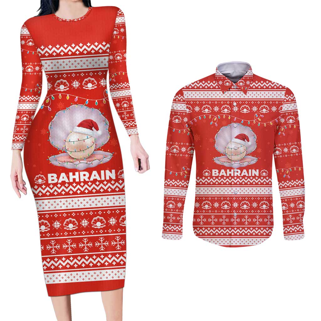 Bahrain Christmas Couples Matching Long Sleeve Bodycon Dress and Long Sleeve Button Shirt with Pearl Shell Design Red Snowflake Pattern and Holiday Lights - Wonder Print Shop
