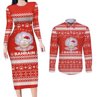 Bahrain Christmas Couples Matching Long Sleeve Bodycon Dress and Long Sleeve Button Shirt with Pearl Shell Design Red Snowflake Pattern and Holiday Lights - Wonder Print Shop