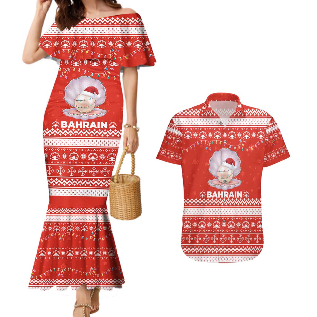 Bahrain Christmas Couples Matching Mermaid Dress and Hawaiian Shirt with Pearl Shell Design Red Snowflake Pattern and Holiday Lights - Wonder Print Shop