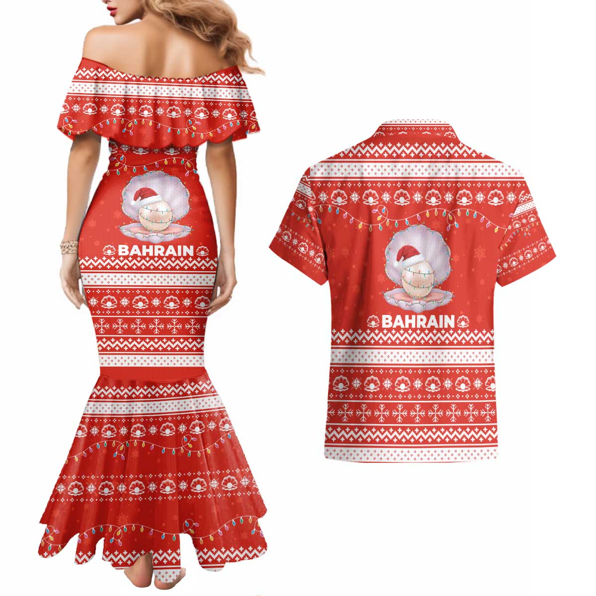 Bahrain Christmas Couples Matching Mermaid Dress and Hawaiian Shirt with Pearl Shell Design Red Snowflake Pattern and Holiday Lights - Wonder Print Shop