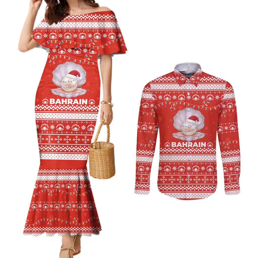 Bahrain Christmas Couples Matching Mermaid Dress and Long Sleeve Button Shirt with Pearl Shell Design Red Snowflake Pattern and Holiday Lights - Wonder Print Shop