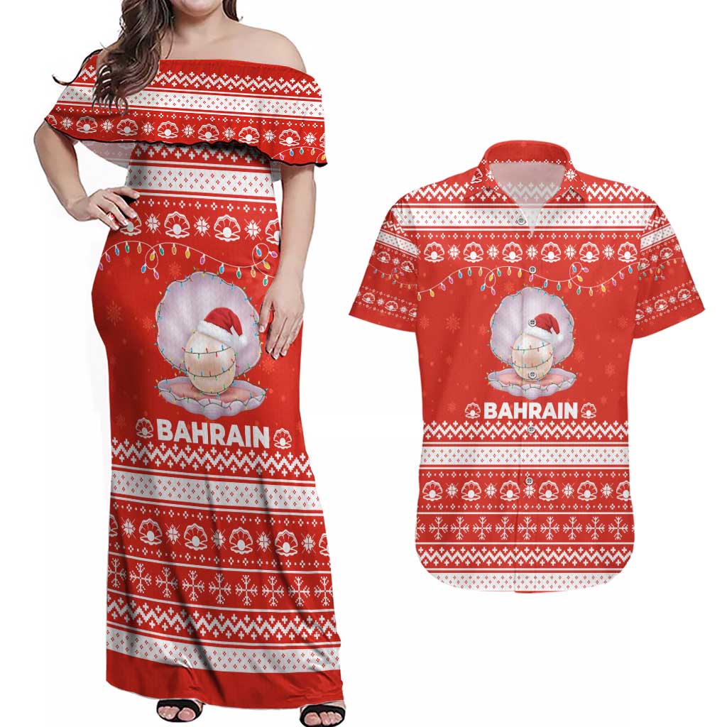 Bahrain Christmas Couples Matching Off Shoulder Maxi Dress and Hawaiian Shirt with Pearl Shell Design Red Snowflake Pattern and Holiday Lights - Wonder Print Shop